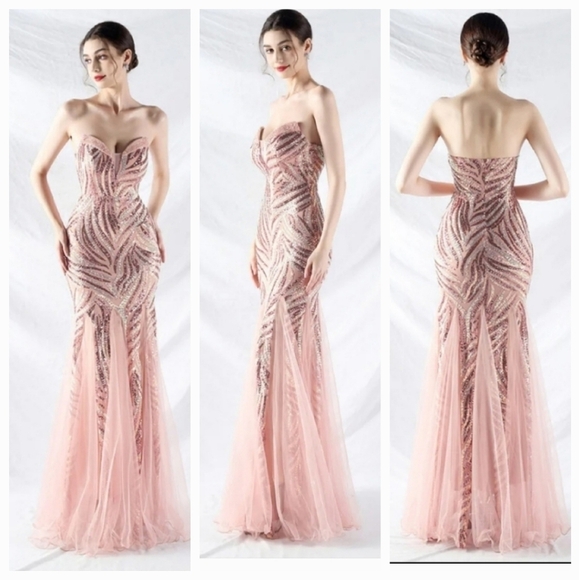 Pink, Striped Print,  Backless,  Sleeveless,  Contrast Sequined Mermaid … - Picture 2 of 16